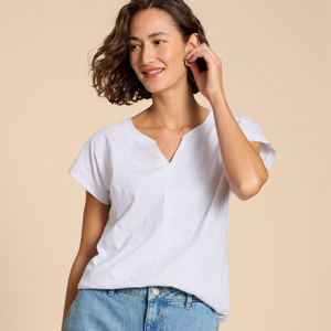 White Stuff Nelly Notch Neck White Embroidered Tee